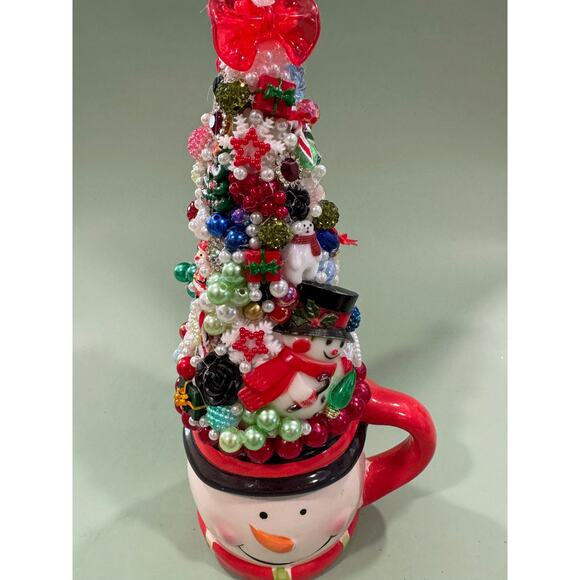 Handmade Christmas Assemblage Tree in Snowman Mug Upcycled Holiday Decor - Picture 2 of 8